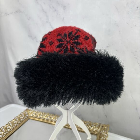 Vintage 70s Knit Russian Hat Women's Nordic Winter Beanie Red Black Faux Fur - Picture 7 of 13